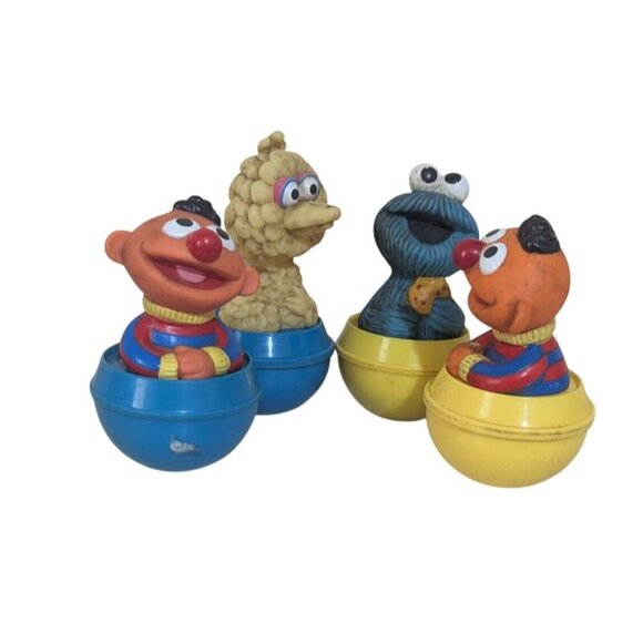 Vintage Sesame Street Wobble Figures Ernie Big Bird Cookie Monster Set Of 4  4" - Picture 1 of 8